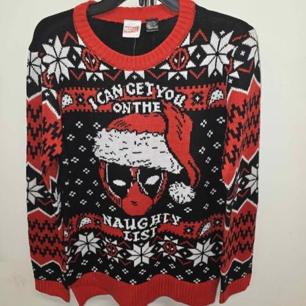 Marvel Deadpool 'Naughty List' knit Christmas Sweater. RED & BLACK, Adult Size S
